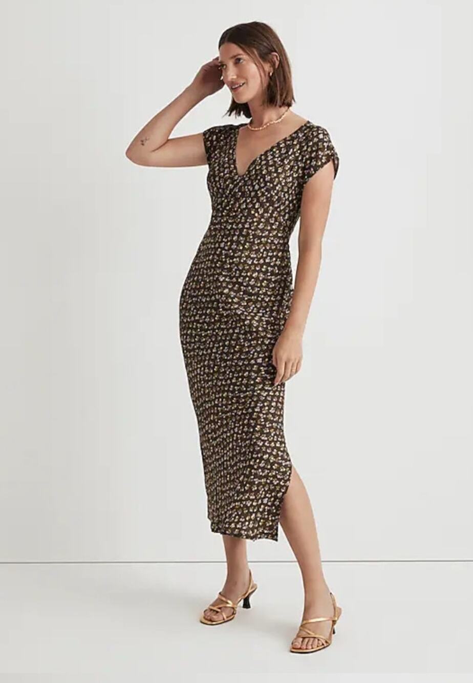 Madewell Dress Size 10 Green Midi Wide V-Neck Romantic Floral NO116 NWT FLAW